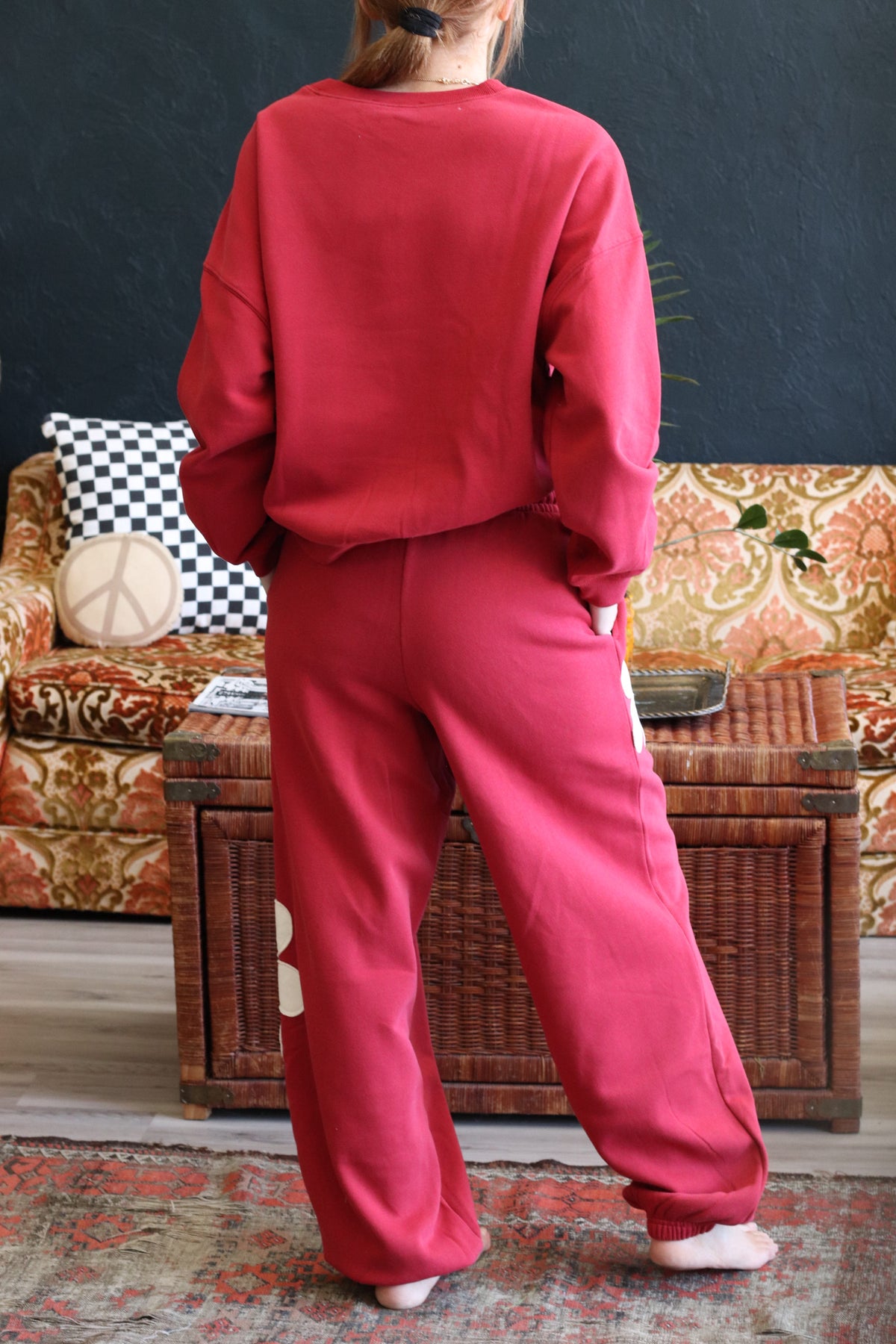 Red Floral Applique Drawstring Jogger Pants