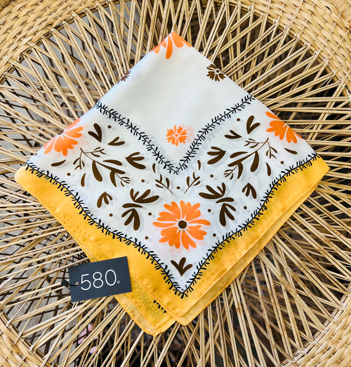 Yellow Floral Silk-Finish Bandana Scarf