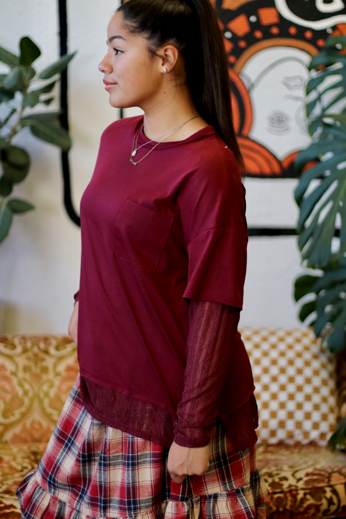 Wine Long Sleeve Top W/ Lace