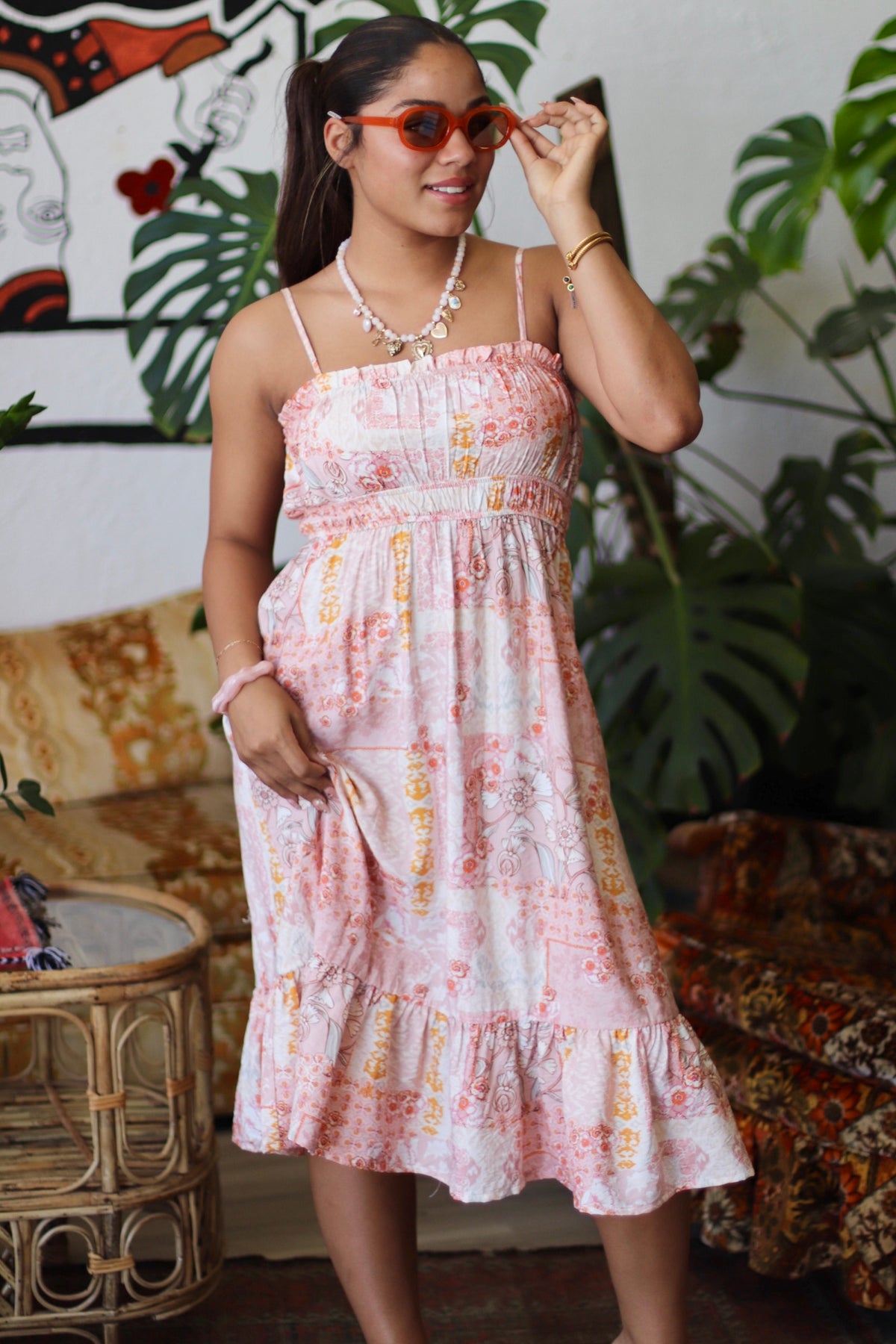 Spaghetti Strap Midi Dress Coral Patchwork