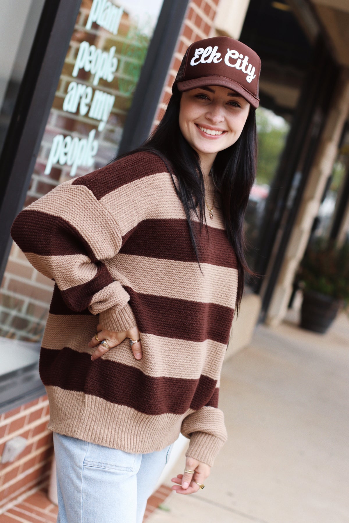 Striped Gameday Sweater + Taupe/Brown