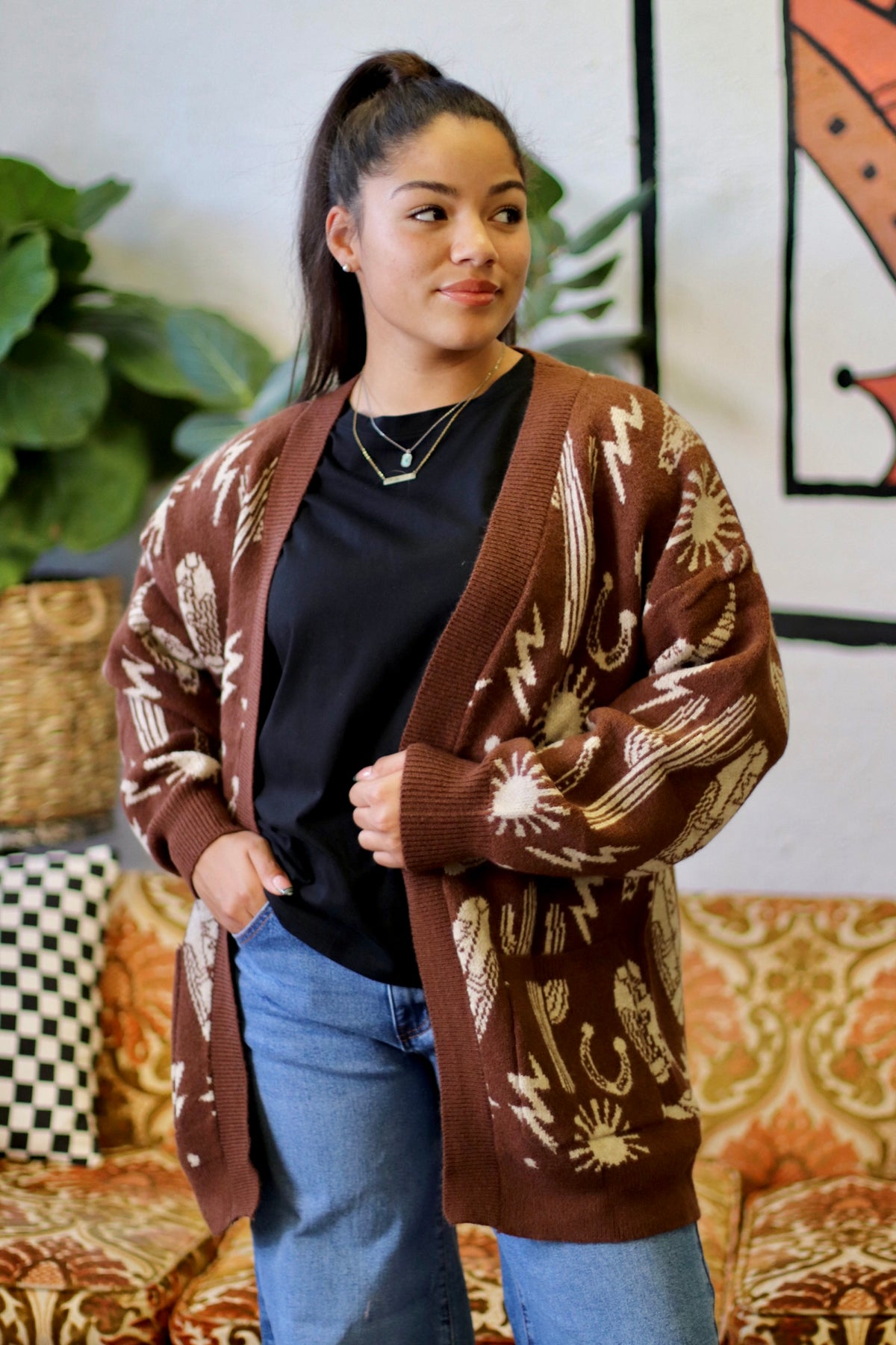 Oversized Western Knit Sweater Cardigan Brown