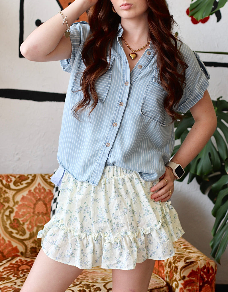 Floral Bow Mini Skirt w/ Shorts in Sky