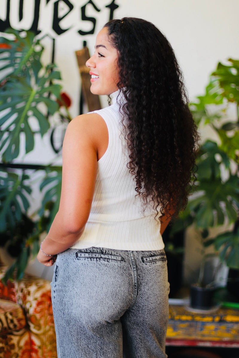 Sleeveless High Neck Ribbed Top + White