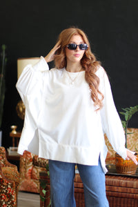 White Exposed Seam Oversized Crew Neck