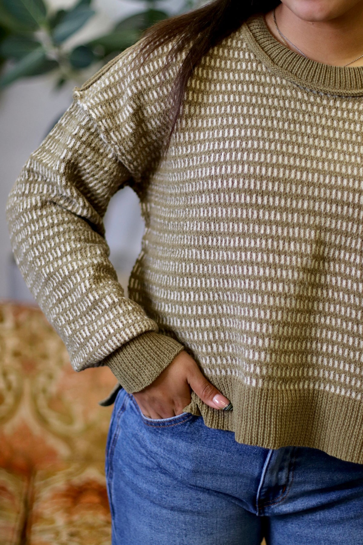 Olive Two Tone Textured Knit Casual Sweater Top