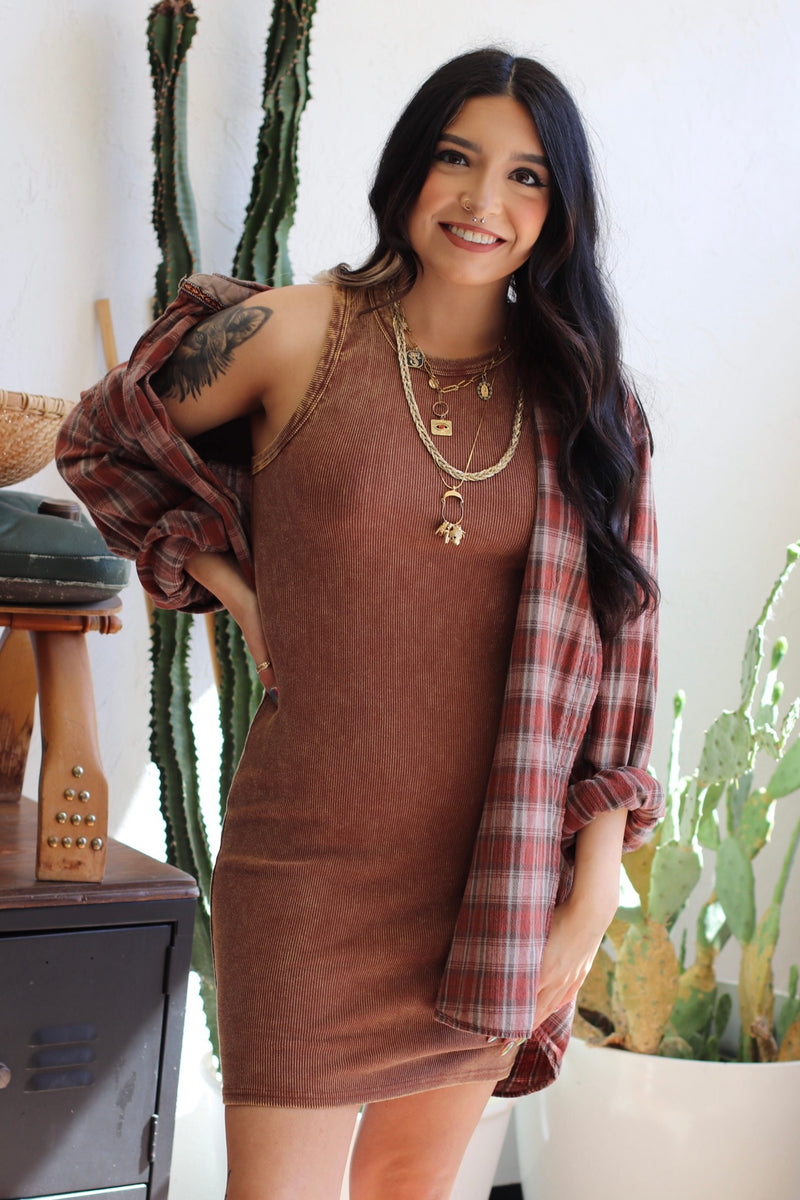 Lets Go Outside Ribbed Tank Dress in Chesnut