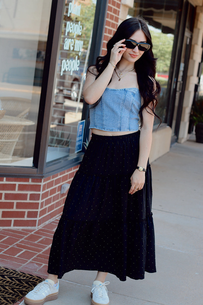 Rhinestone Tiered Skirt + Black