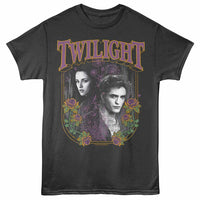 A dark grey t-shirt featuring Bella and Edward from Twilight, adorned with purple font and accented in purple, gold, and green.