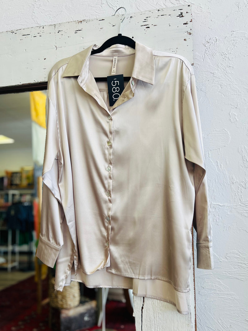 Pretty Satin Button Down in Biege