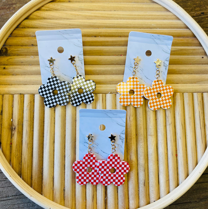 Checkered Flower Drop Earrings + 3 Colors