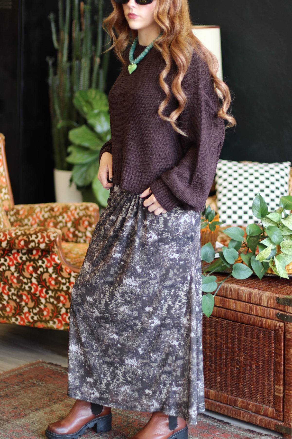 Abstract Print Midi Skirt w/ Waist Detail