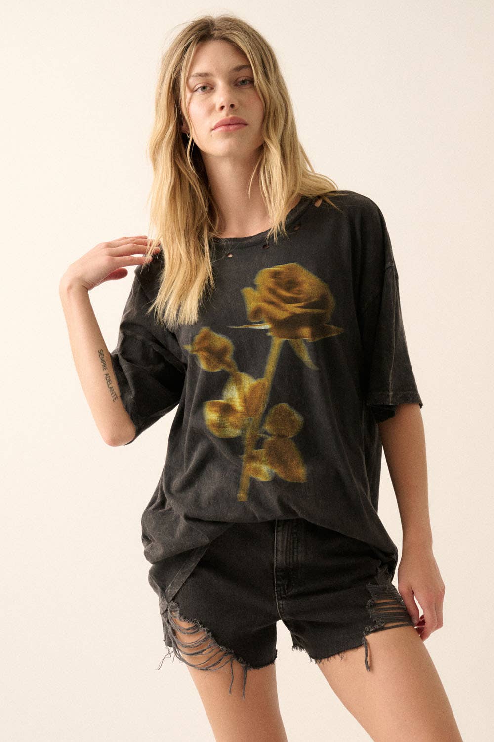 Blurry Rose Distressed Vintage-Wash Graphic Tee