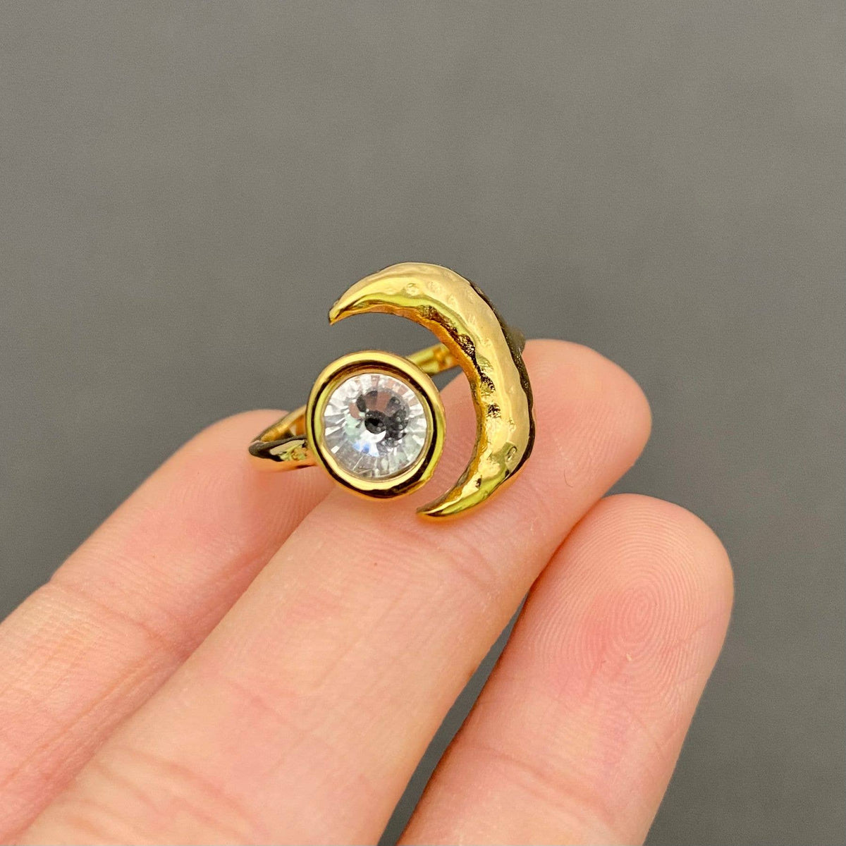 18K Gold Plated Stainless Steel Zircon Moon Ring - Adjustable