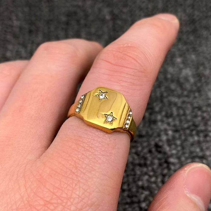 Inlaid CZ Flat Signet 18K Gold Plated Star Ring