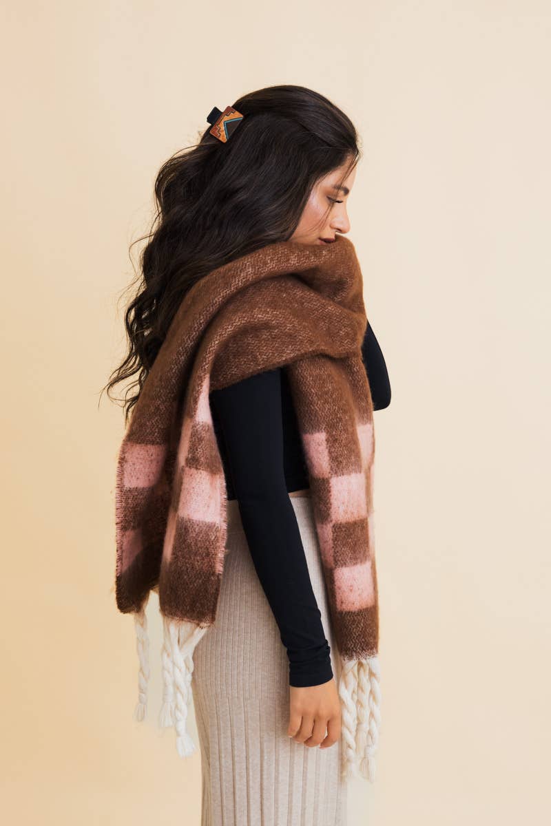 Chunky Checkered Scarf + Brown