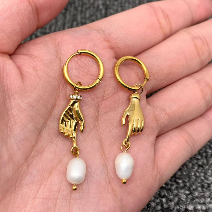 Pearl & Hand 18K Gold Plated Earrings