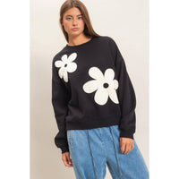 Black Floral Applique Crew Neck