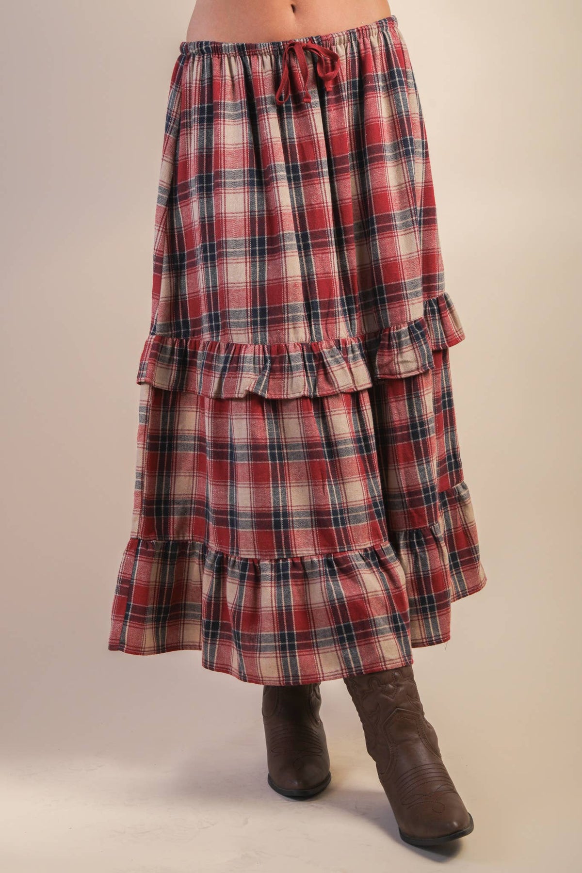 Red Ruffle Plaid Tiered Midi Skirt