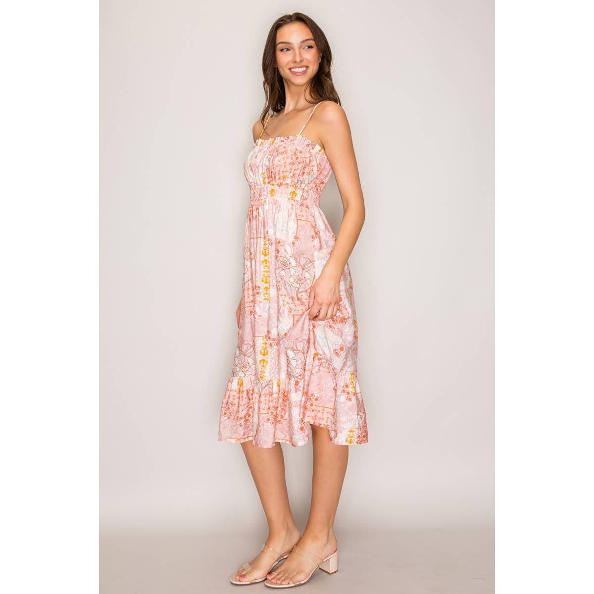 Spaghetti Strap Midi Dress Coral Patchwork