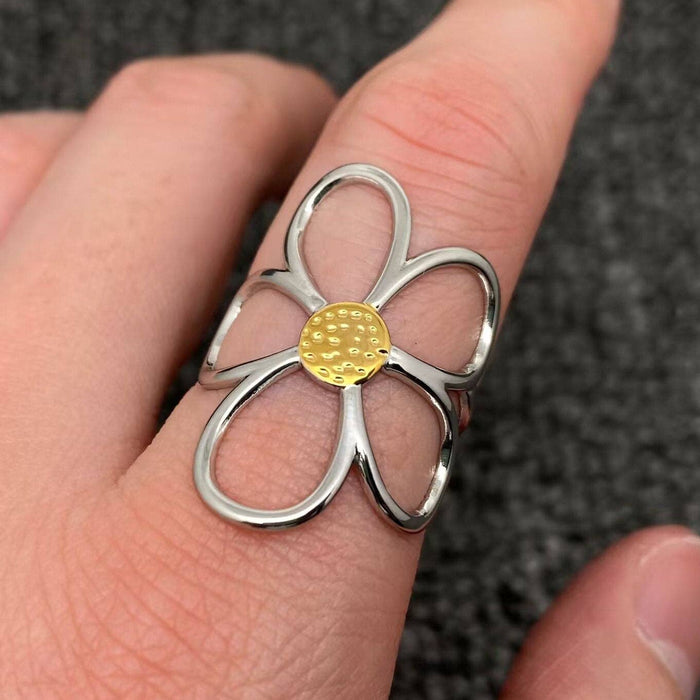 Hollow 2 Tone Flower 18K Gold Plated Stainless Steel Ring
