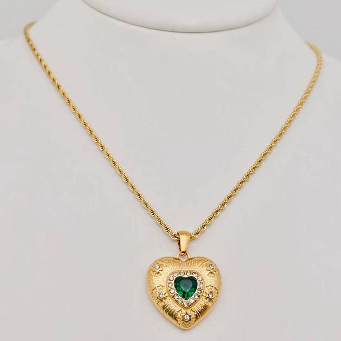 Green Zirconia Gold Heart Pendant Necklace