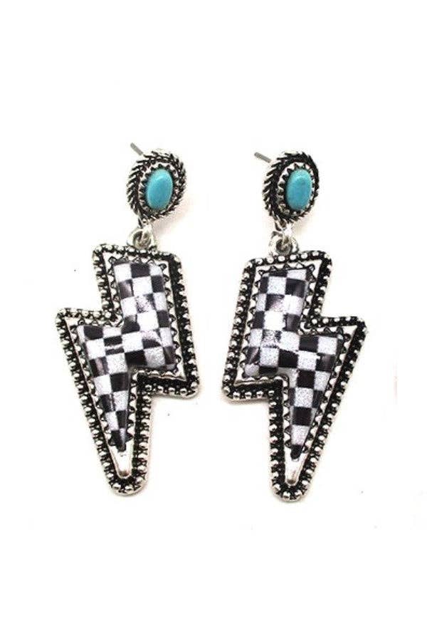 CHECKER THUNDER BOLT DANGLE EARRINGS: TURQUOISE
