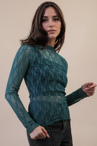 High Neck Fitted Sheer Mesh Lace Knit Top in Blue