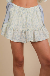 Floral Bow Mini Skirt w/ Shorts in Sky