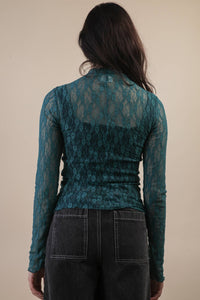 High Neck Fitted Sheer Mesh Lace Knit Top in Blue