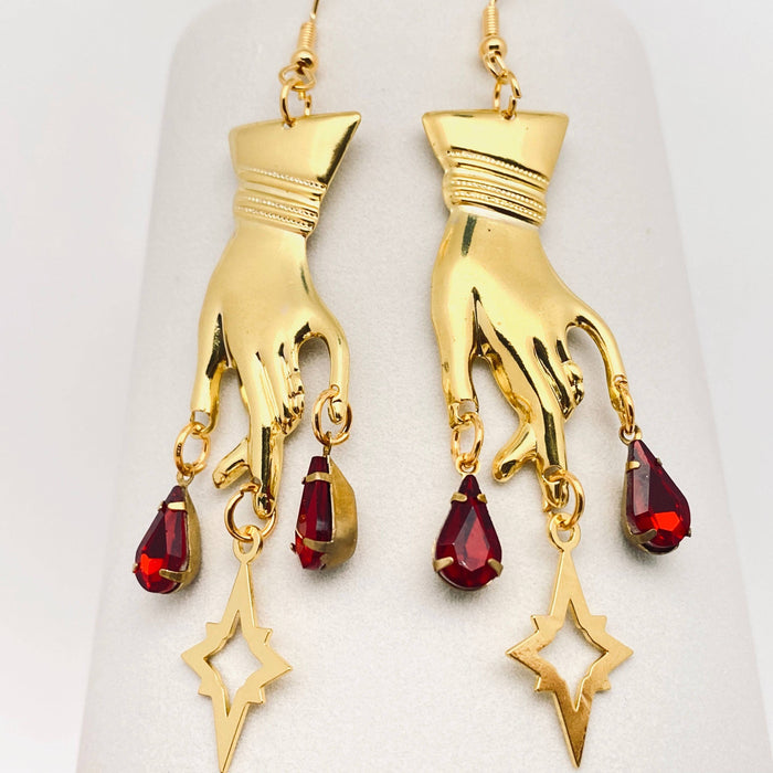 Gold & Red Gem Hand Earrings