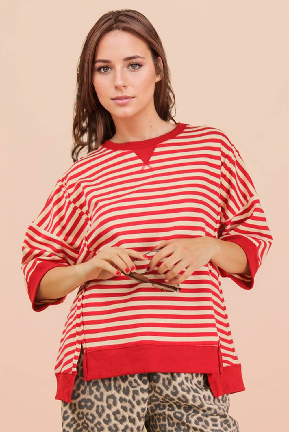Molly Oversized Stripe Casual Knit Top + Red