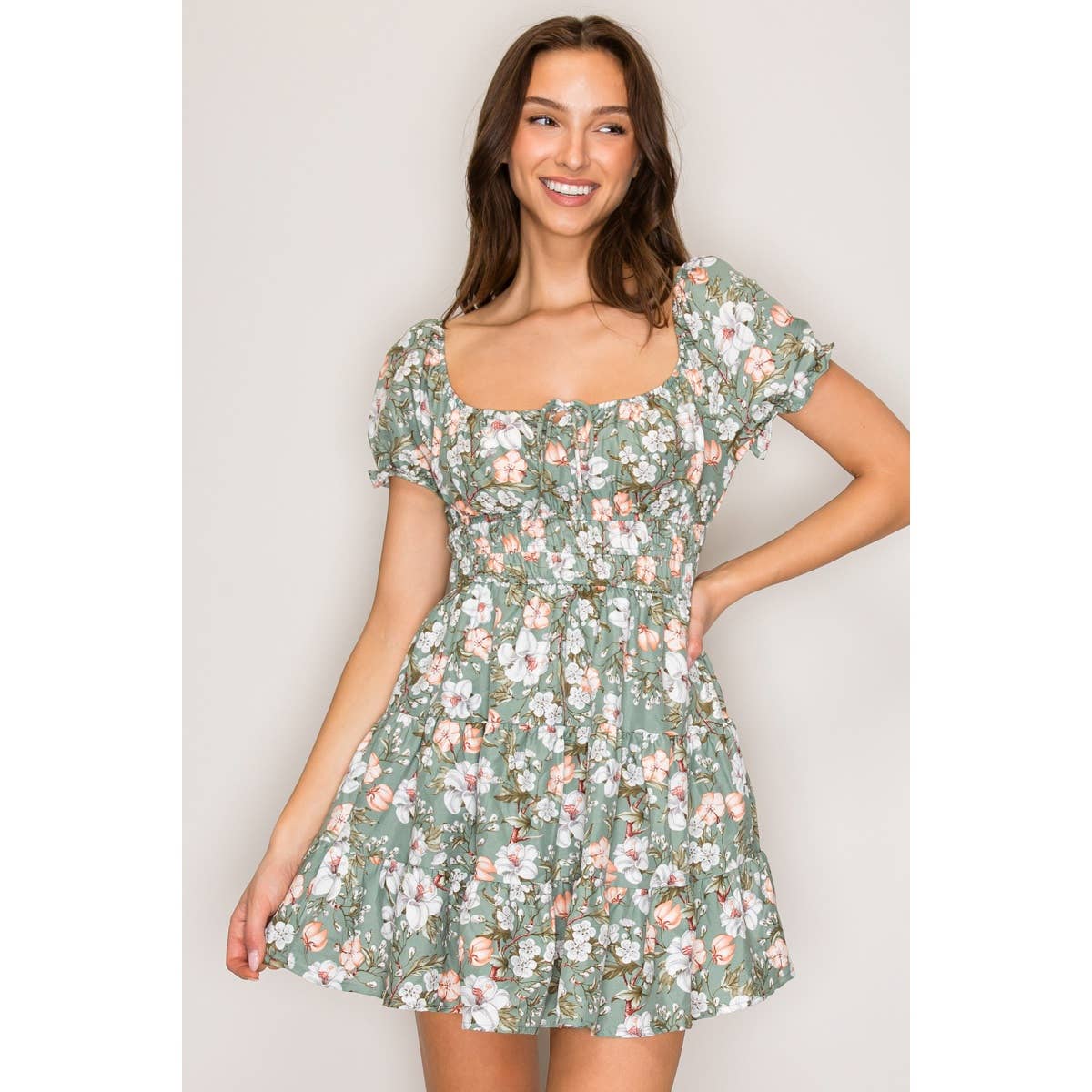 Floral Puff Sleeve Peasant Woven Mini Dress