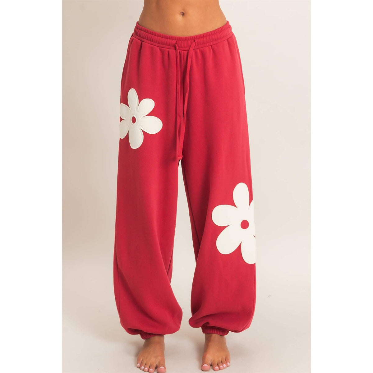 Red Floral Applique Drawstring Jogger Pants