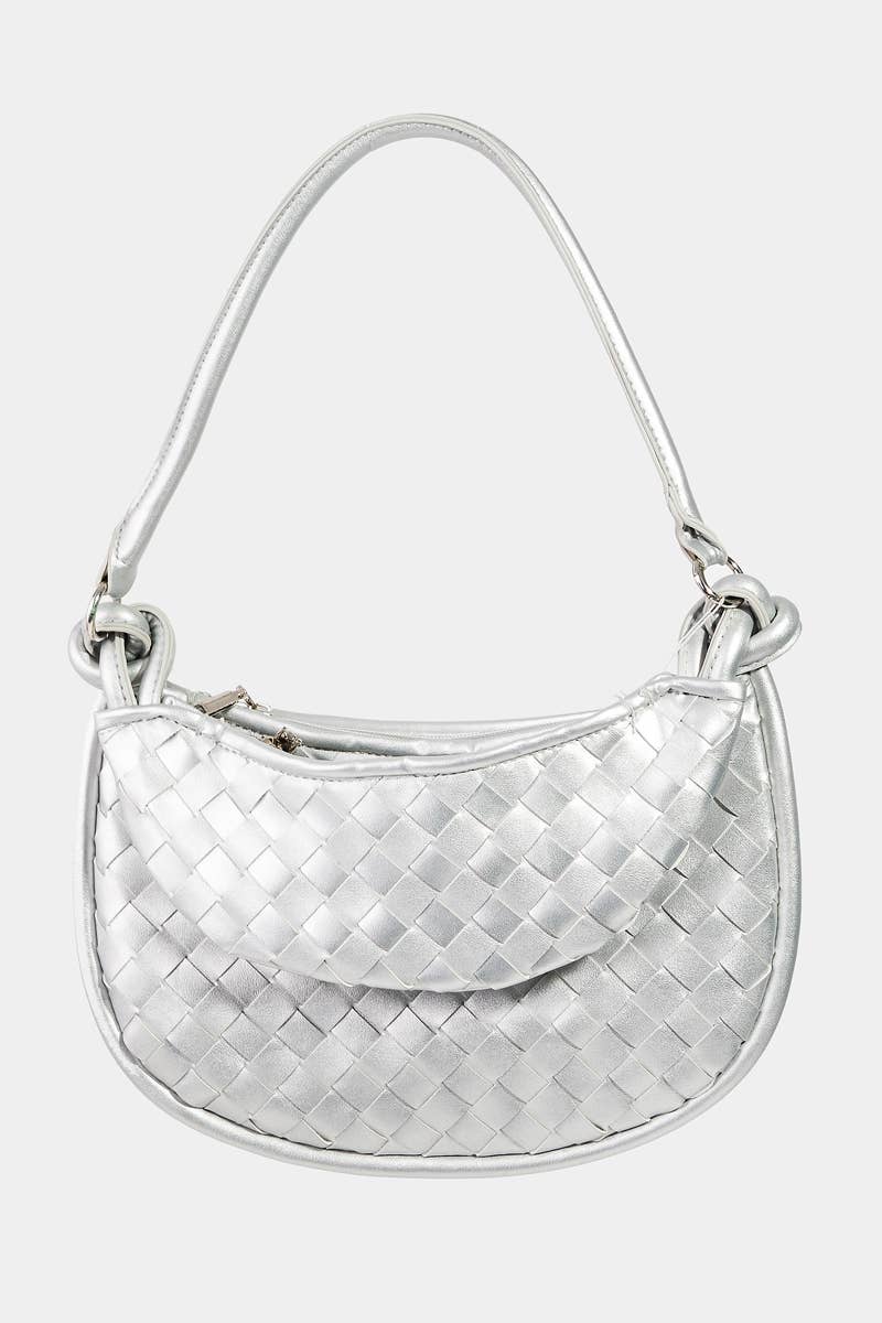 Silver Weaved Crescent Shoulder Bag