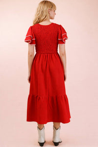 Red Ruffle Sleeve Midi Dress