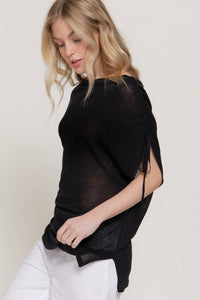 Black Asymmetric Side Drawstring Knit Top