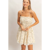 Cream Shirred Floral Button-Front Mini Dress
