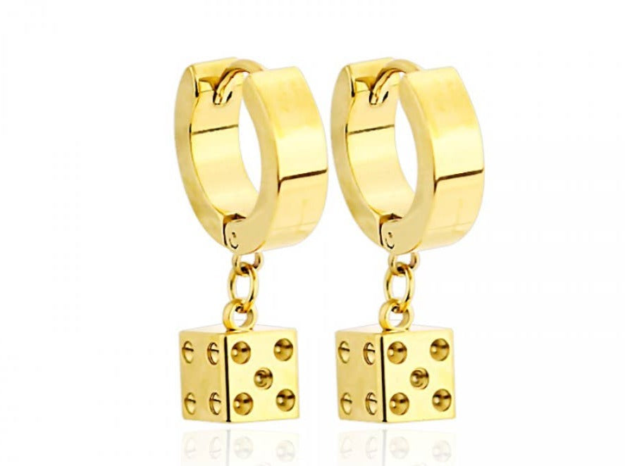 pair of gold stainless steel dice huggie hoop earrings