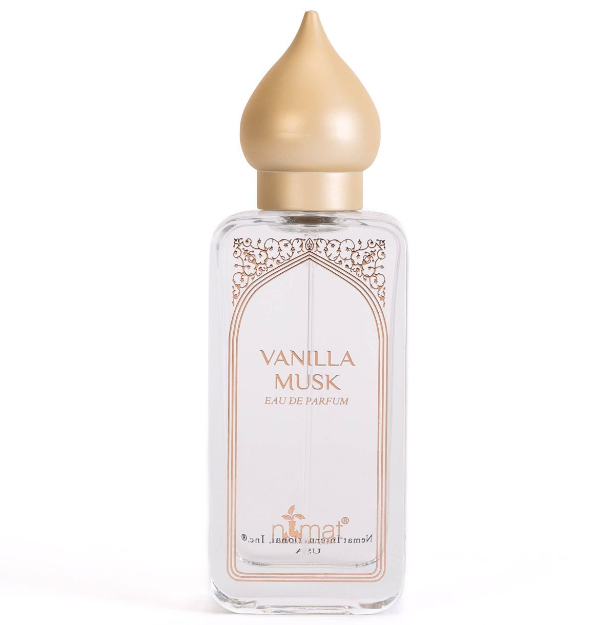 Clear glass bottle with tan teardrop lid reading "vanilla musk eau de parfum by nemat" on the front