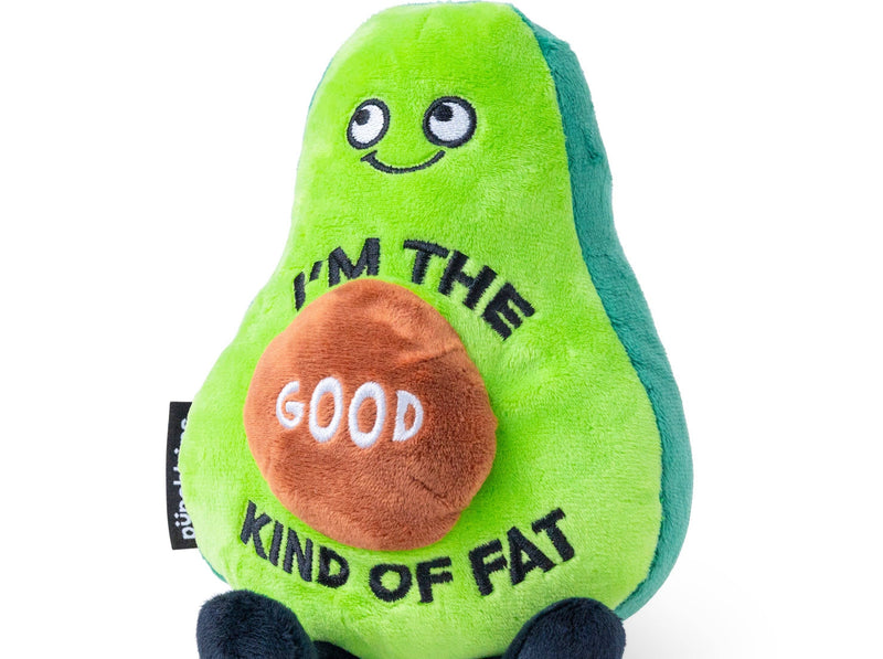 Green Avocado with a happy face and black legs reading "Im the good kind of fat" around its brown seed
